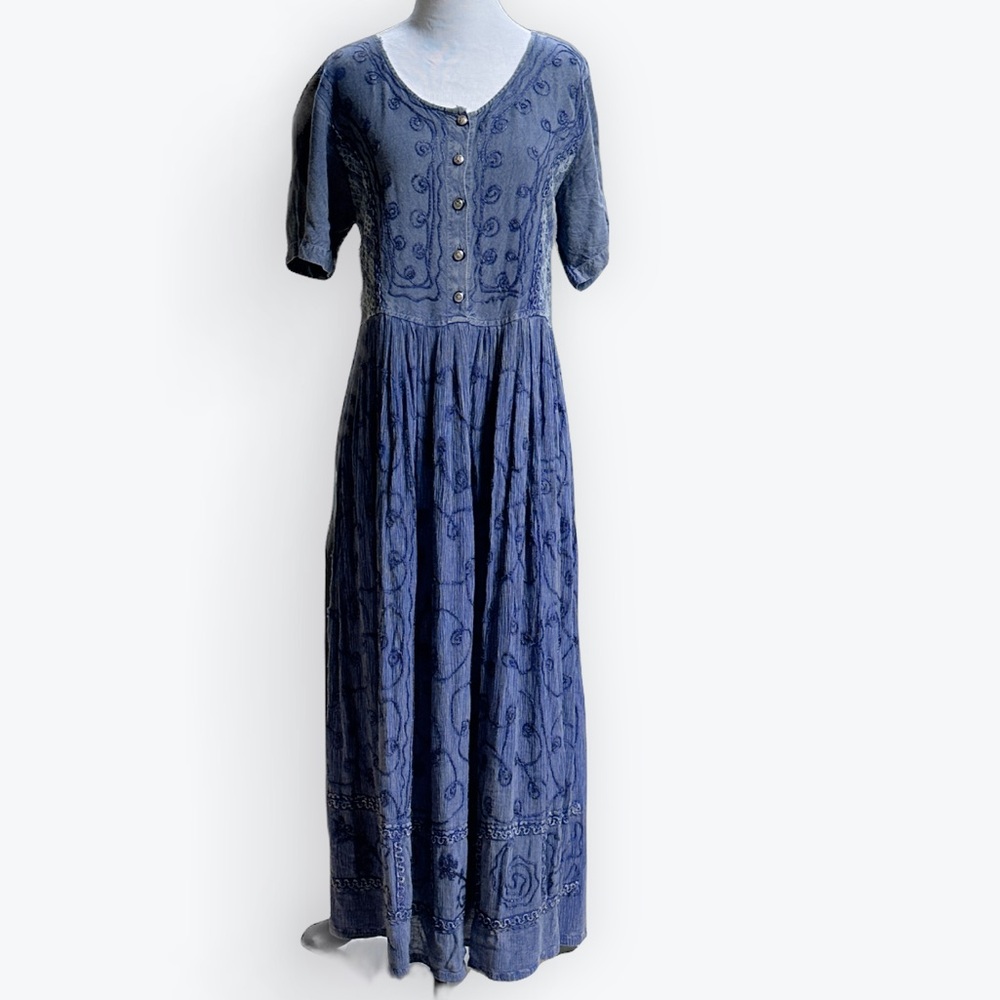 Indigo Boho Embroidered Cottage Hippie Chic Lace-Up Back Maxi Dress ~ Unsz (see)
